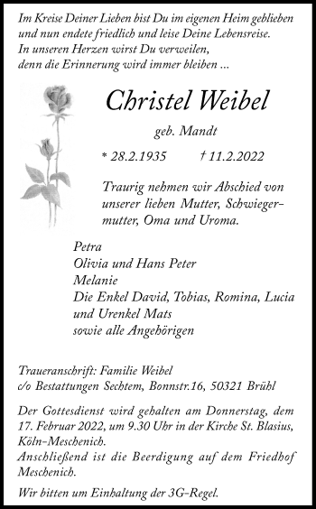 Anzeige von Christel Weibel von Kölner Stadt-Anzeiger / Kölnische Rundschau / Express