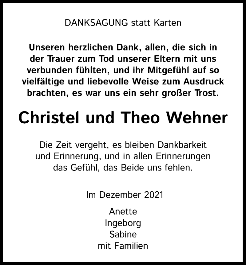  Traueranzeige für Christel und Theo Wehner vom 19.02.2022 aus Kölner Stadt-Anzeiger / Kölnische Rundschau / Express