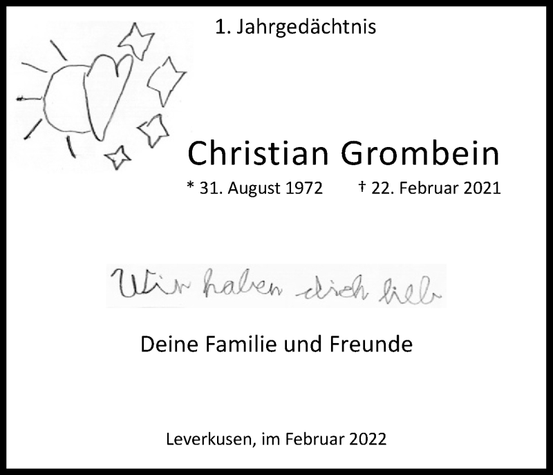  Traueranzeige für Christian Grombein vom 23.02.2022 aus Kölner Stadt-Anzeiger / Kölnische Rundschau / Express
