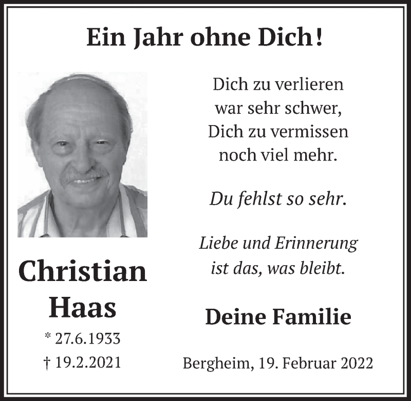  Traueranzeige für Christian Haas vom 18.02.2022 aus  Werbepost 