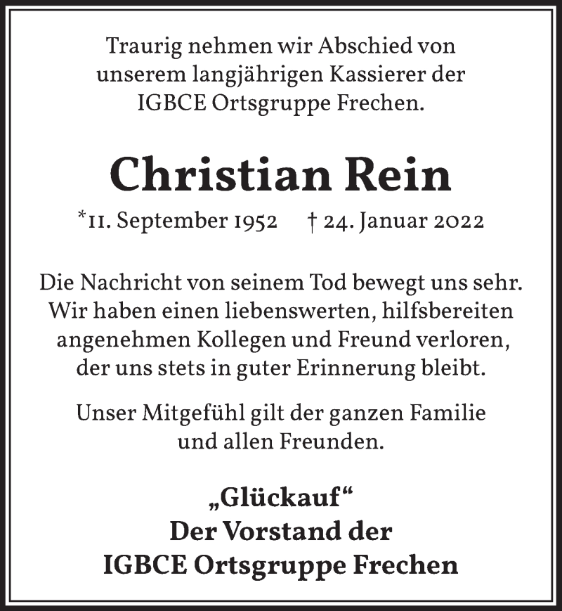  Traueranzeige für Christian Rein vom 04.02.2022 aus  Wochenende 