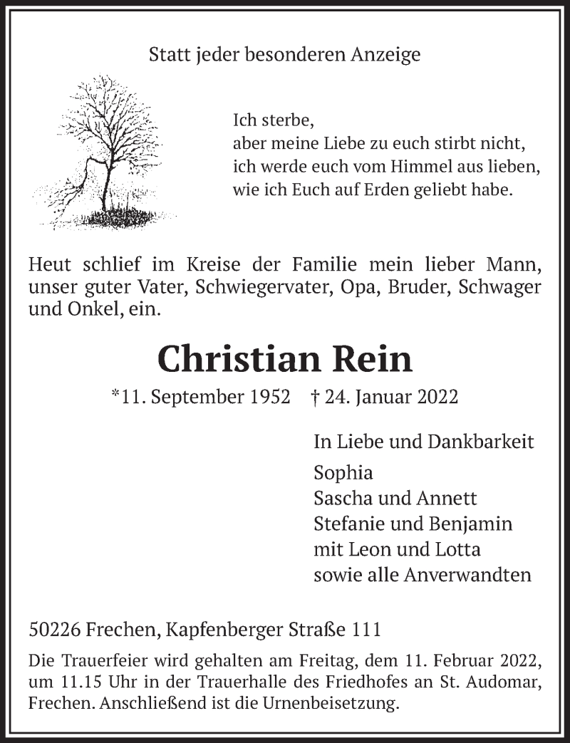 Traueranzeige für Christian Rein vom 04.02.2022 aus  Wochenende 