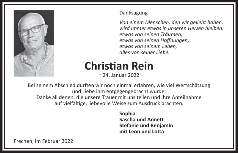  Traueranzeige für Christian Rein vom 25.02.2022 aus  Wochenende 