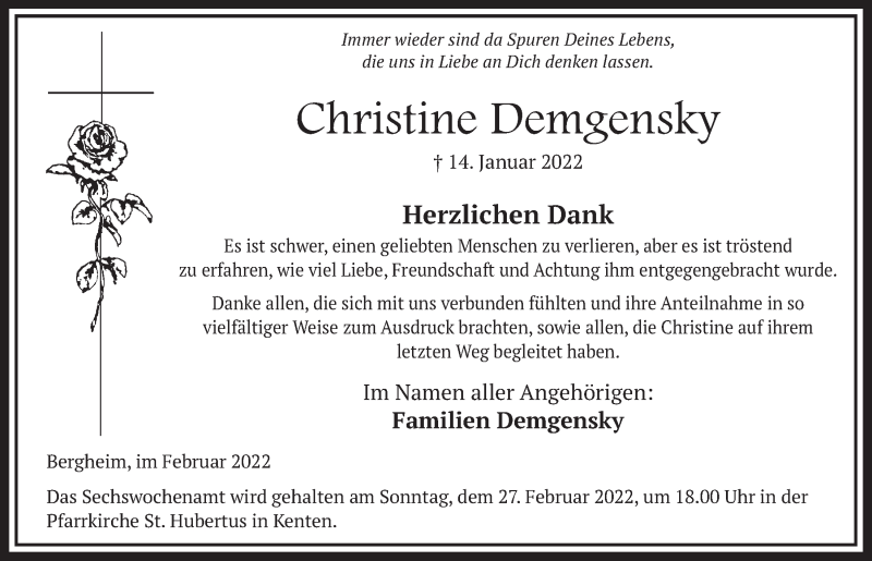  Traueranzeige für Christine Demgensky vom 18.02.2022 aus  Werbepost 