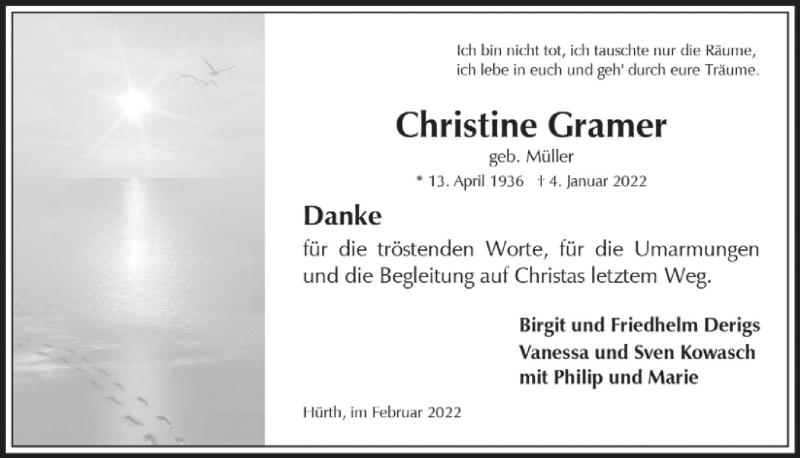  Traueranzeige für Christine Gramer vom 25.02.2022 aus  Wochenende 