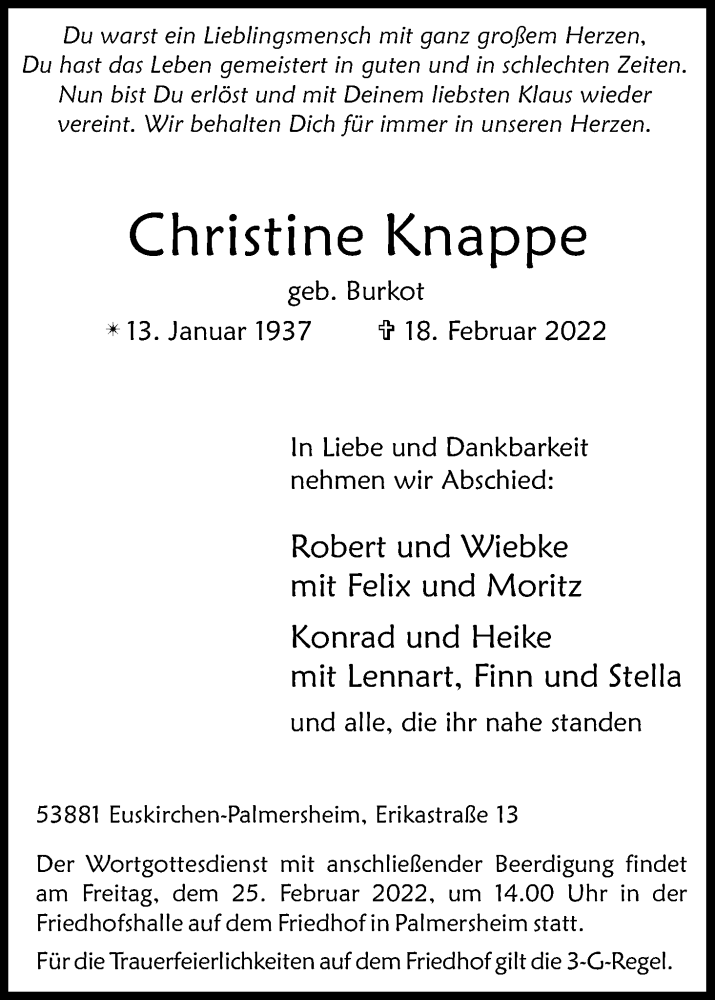  Traueranzeige für Christine Knappe vom 23.02.2022 aus Kölner Stadt-Anzeiger / Kölnische Rundschau / Express