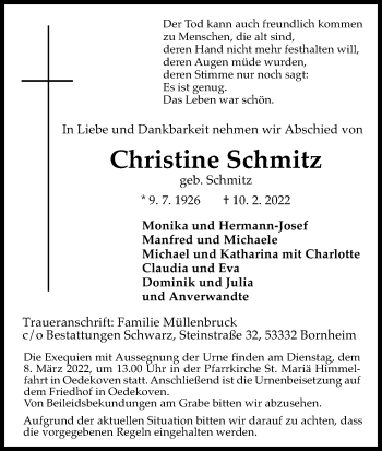 Anzeige von Christine Schmitz von Kölner Stadt-Anzeiger / Kölnische Rundschau / Express