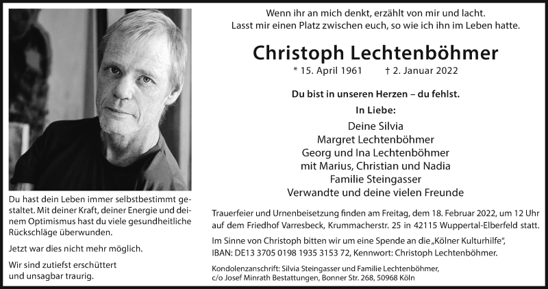  Traueranzeige für Christoph Lechtenböhmer vom 05.02.2022 aus Kölner Stadt-Anzeiger / Kölnische Rundschau / Express