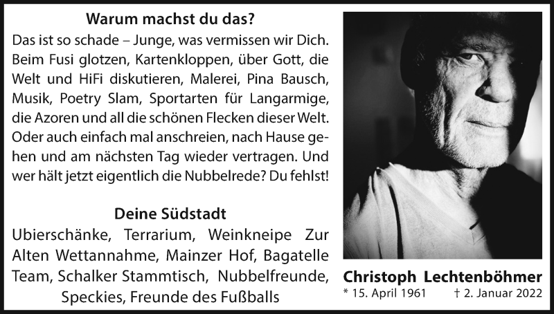  Traueranzeige für Christoph Lechtenböhmer vom 05.02.2022 aus Kölner Stadt-Anzeiger / Kölnische Rundschau / Express