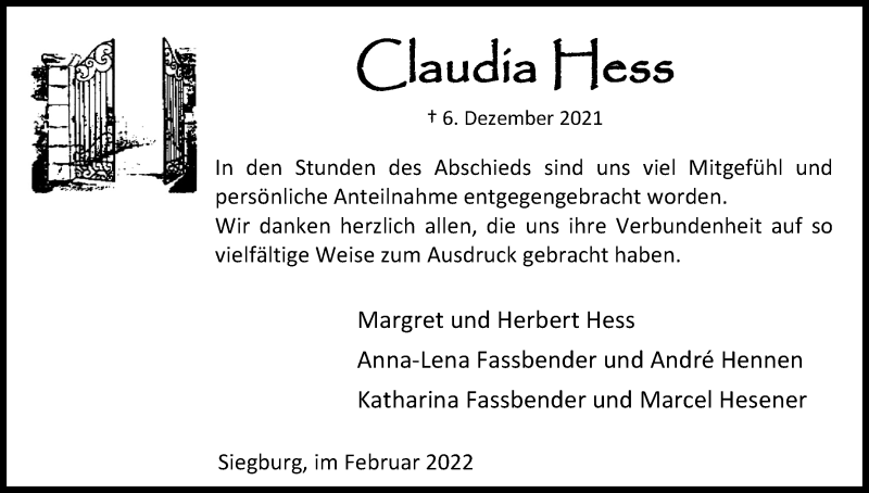  Traueranzeige für Claudia Hess vom 26.02.2022 aus Kölner Stadt-Anzeiger / Kölnische Rundschau / Express