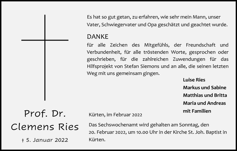  Traueranzeige für Clemens Ries vom 12.02.2022 aus Kölner Stadt-Anzeiger / Kölnische Rundschau / Express