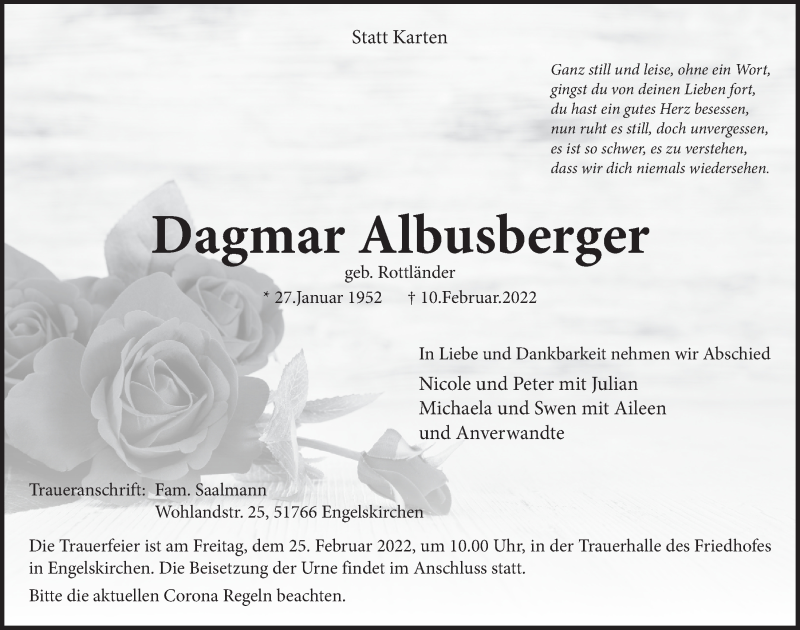  Traueranzeige für Dagmar Albusberger vom 18.02.2022 aus  Anzeigen Echo 