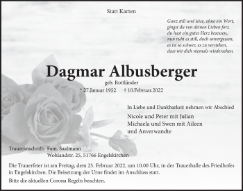 Anzeige von Dagmar Albusberger von  Anzeigen Echo 