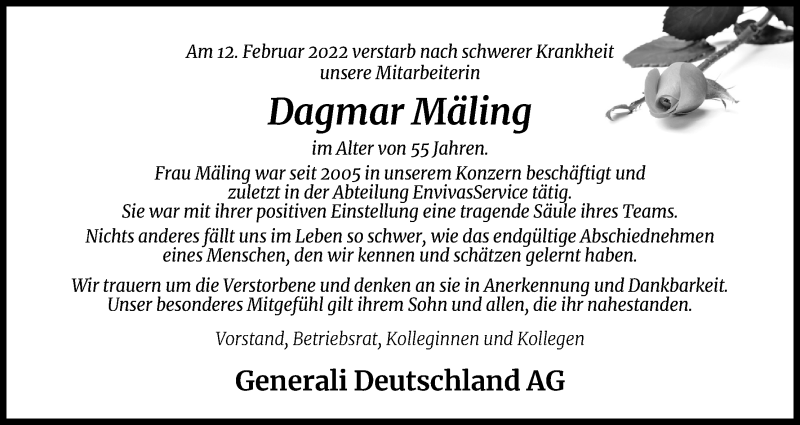  Traueranzeige für Dagmar Mäling vom 26.02.2022 aus Kölner Stadt-Anzeiger / Kölnische Rundschau / Express