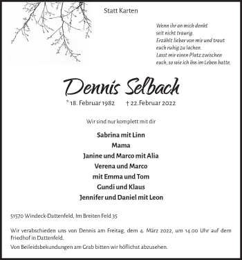 Anzeige von Dennis Selbach von  Lokalanzeiger 
