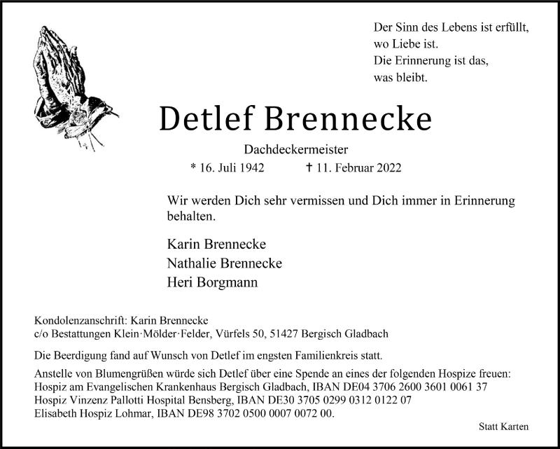  Traueranzeige für Detlef Brennecke vom 18.02.2022 aus  Bergisches Handelsblatt 