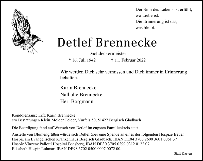  Traueranzeige für Detlef Brennecke vom 19.02.2022 aus Kölner Stadt-Anzeiger / Kölnische Rundschau / Express