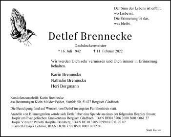 Anzeige von Detlef Brennecke von  Bergisches Handelsblatt 