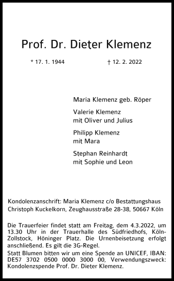 Anzeige von Dieter Klemenz von Kölner Stadt-Anzeiger / Kölnische Rundschau / Express