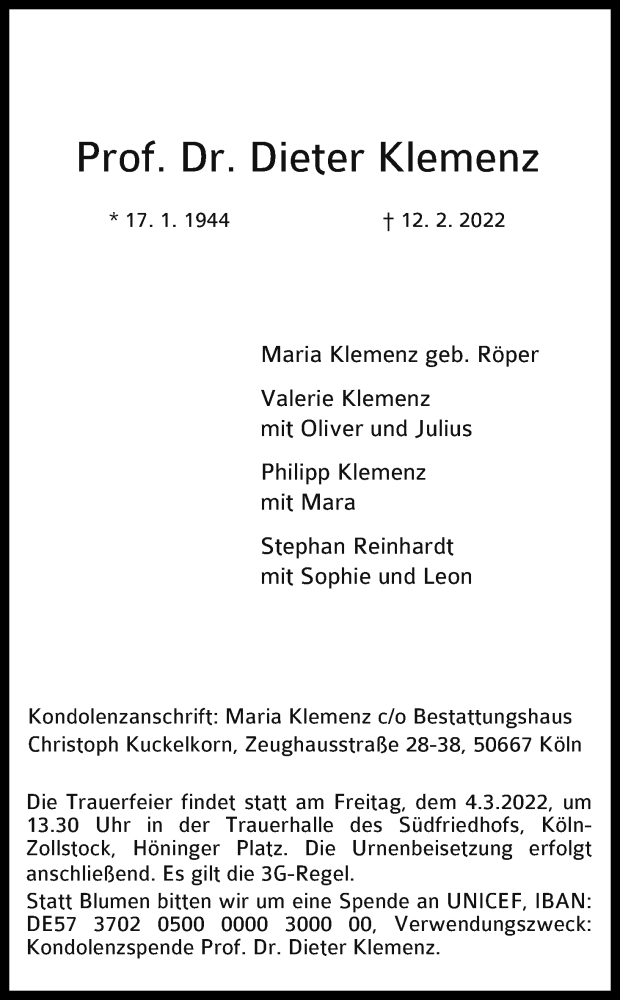  Traueranzeige für Dieter Klemenz vom 19.02.2022 aus Kölner Stadt-Anzeiger / Kölnische Rundschau / Express