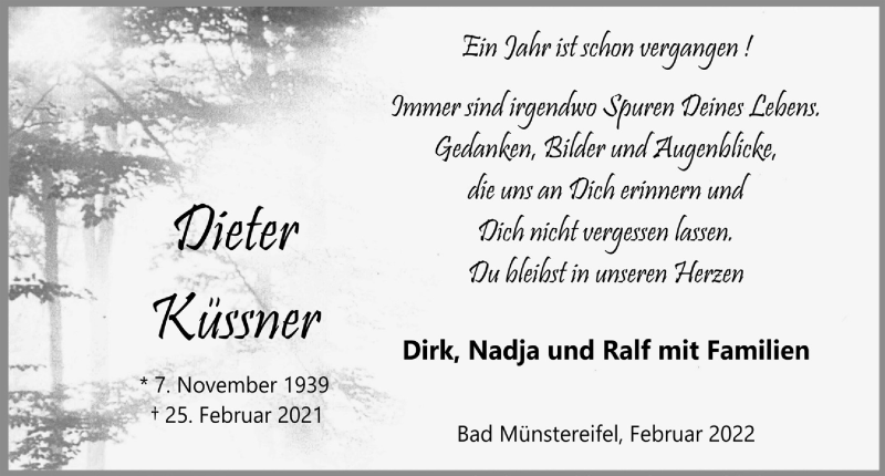  Traueranzeige für Dieter Küssner vom 19.02.2022 aus  Blickpunkt Euskirchen 
