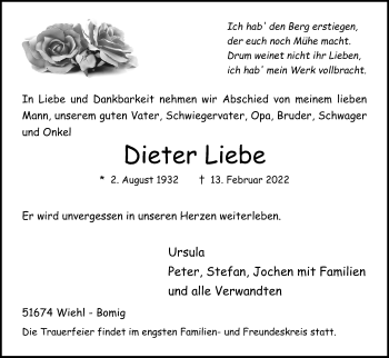 Anzeige von Dieter Liebe von Kölner Stadt-Anzeiger / Kölnische Rundschau / Express