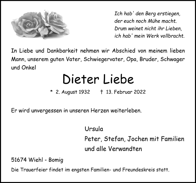  Traueranzeige für Dieter Liebe vom 18.02.2022 aus  Anzeigen Echo 