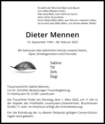 Anzeige von Dieter Mennen von Kölner Stadt-Anzeiger / Kölnische Rundschau / Express