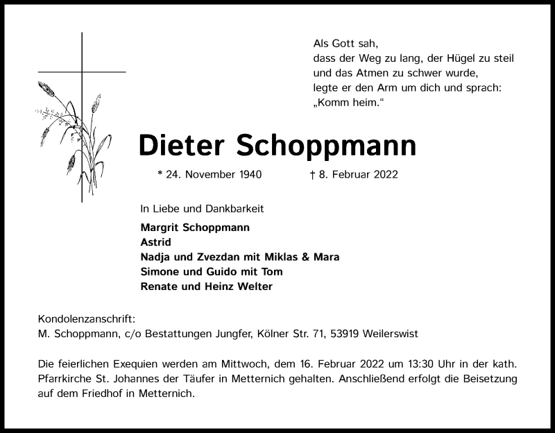  Traueranzeige für Dieter Schoppmann vom 12.02.2022 aus Kölner Stadt-Anzeiger / Kölnische Rundschau / Express