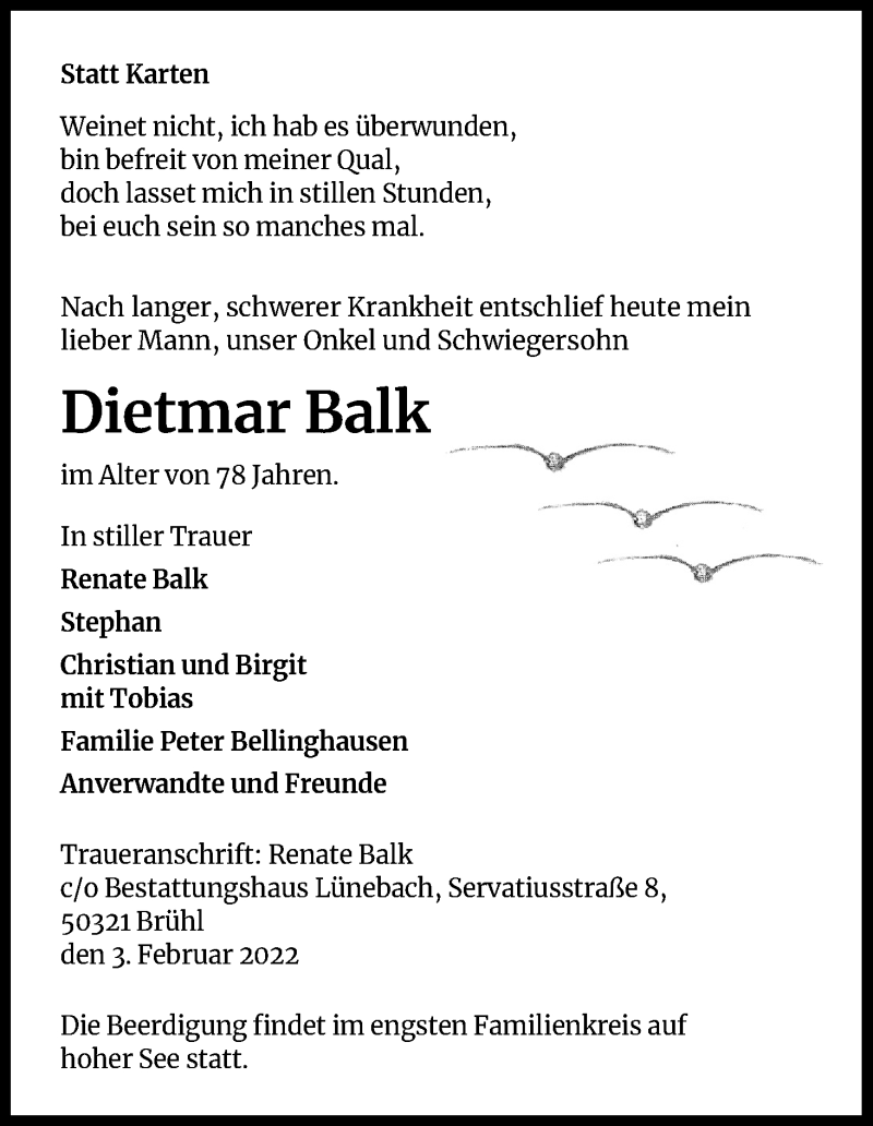  Traueranzeige für Dietmar Balk vom 09.02.2022 aus Kölner Stadt-Anzeiger / Kölnische Rundschau / Express