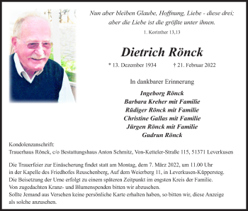 Anzeige von Dietrich Rönck von Kölner Stadt-Anzeiger / Kölnische Rundschau / Express