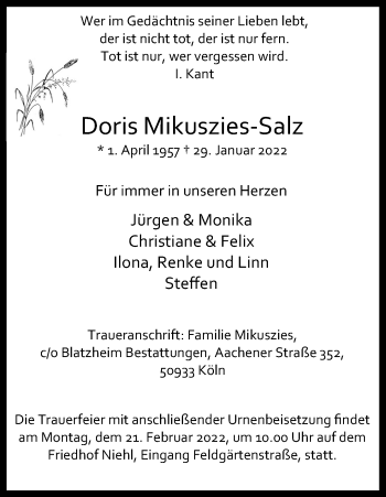 Anzeige von Doris Mikuszies-Salz von Kölner Stadt-Anzeiger / Kölnische Rundschau / Express