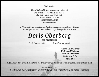 Anzeige von Doris Oberberg von Kölner Stadt-Anzeiger / Kölnische Rundschau / Express