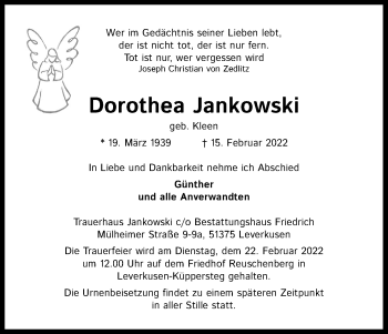 Anzeige von Dorothea Jankowski von Kölner Stadt-Anzeiger / Kölnische Rundschau / Express
