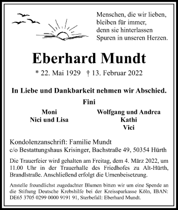 Anzeige von Eberhard Mundt von Kölner Stadt-Anzeiger / Kölnische Rundschau / Express