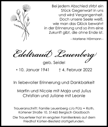 Anzeige von Edeltraud Leuenberg von Kölner Stadt-Anzeiger / Kölnische Rundschau / Express