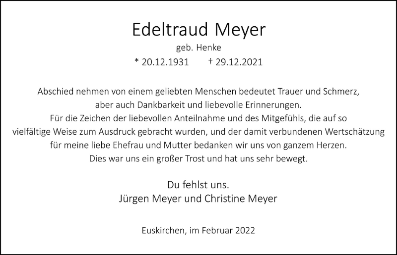  Traueranzeige für Edeltraud Meyer vom 05.02.2022 aus  Blickpunkt Euskirchen 