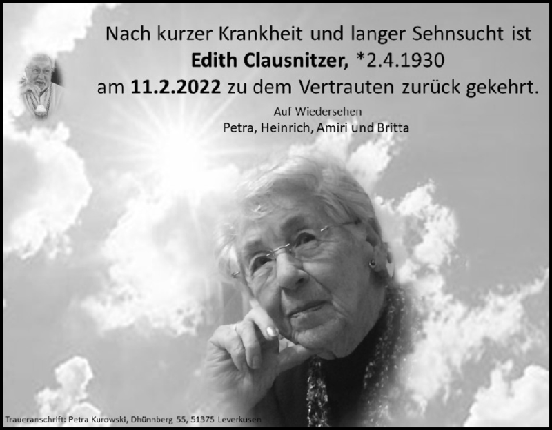  Traueranzeige für Edith Clausnitzer vom 19.02.2022 aus Kölner Stadt-Anzeiger / Kölnische Rundschau / Express