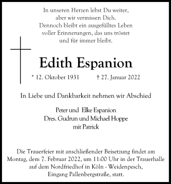 Anzeige von Edith Espanion von Kölner Stadt-Anzeiger / Kölnische Rundschau / Express