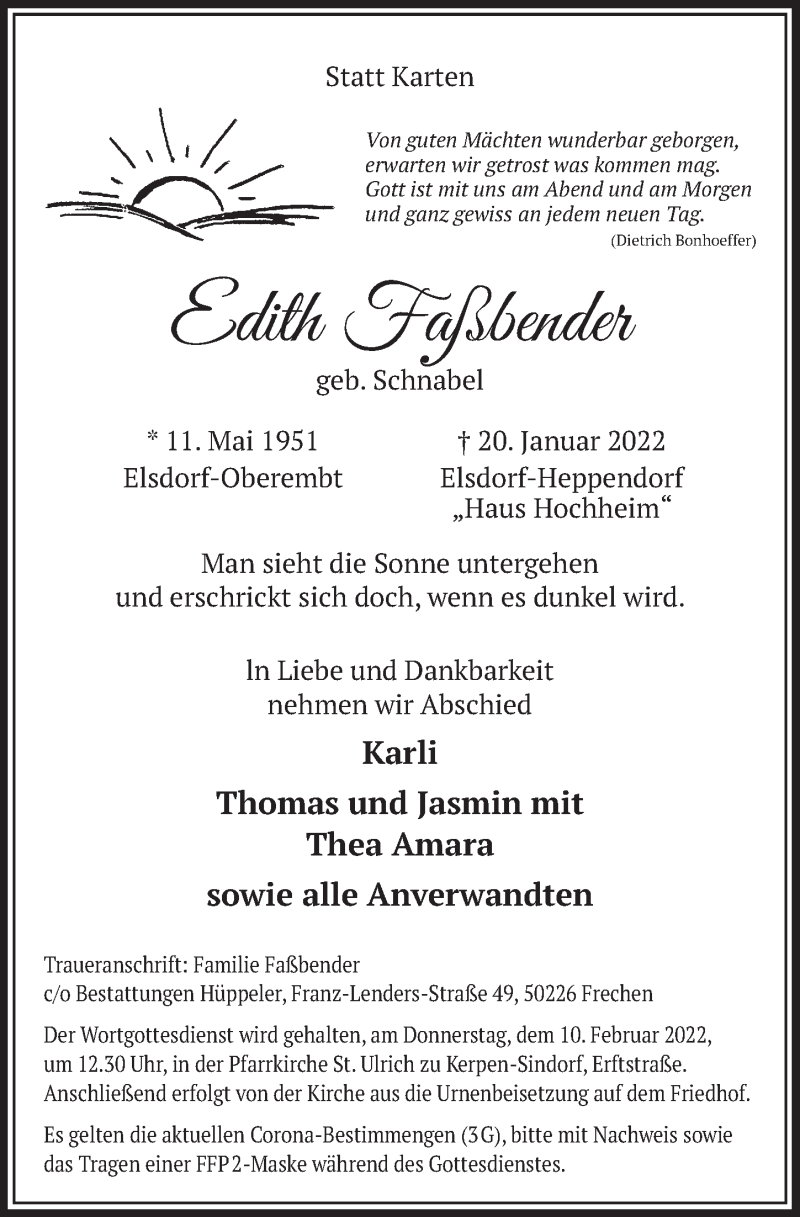  Traueranzeige für Edith Faßbender vom 04.02.2022 aus  Werbepost 