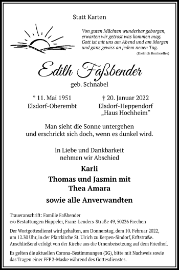 Anzeige von Edith Faßbender von Kölner Stadt-Anzeiger / Kölnische Rundschau / Express