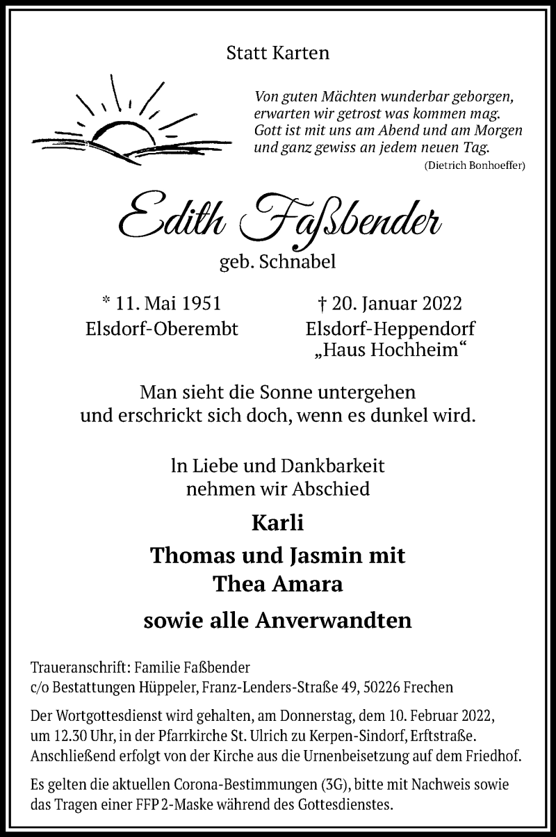  Traueranzeige für Edith Faßbender vom 05.02.2022 aus Kölner Stadt-Anzeiger / Kölnische Rundschau / Express
