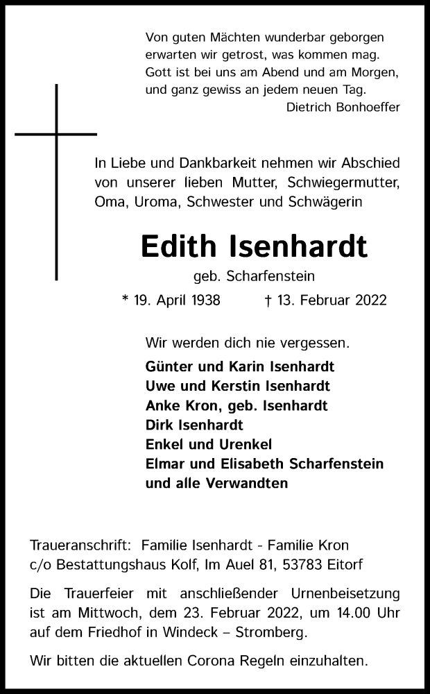  Traueranzeige für Edith Isenhardt vom 19.02.2022 aus Kölner Stadt-Anzeiger / Kölnische Rundschau / Express
