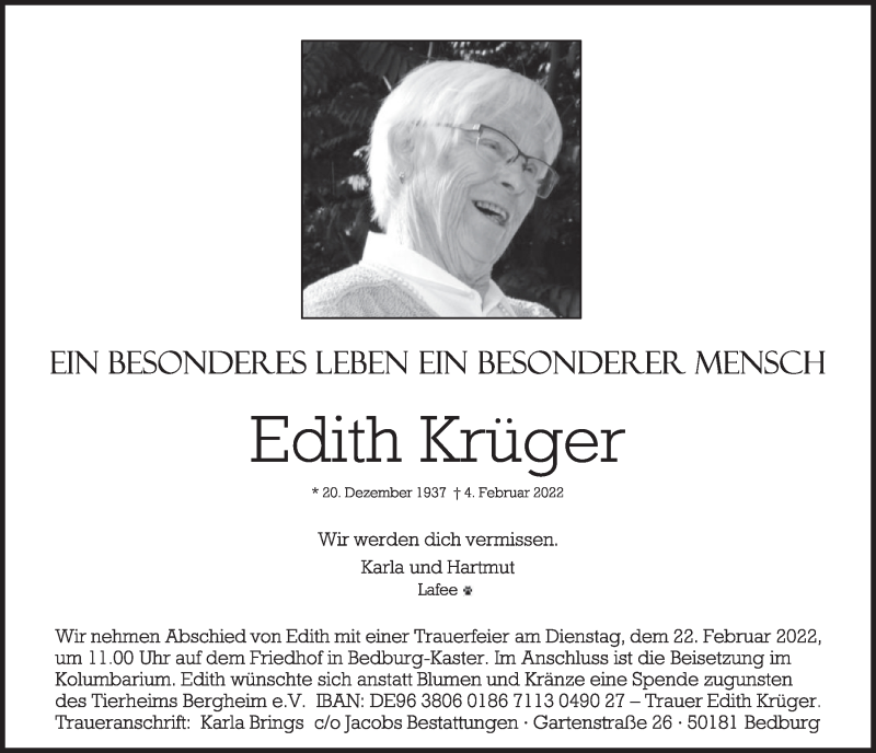  Traueranzeige für Edith Krüger vom 18.02.2022 aus  Werbepost 