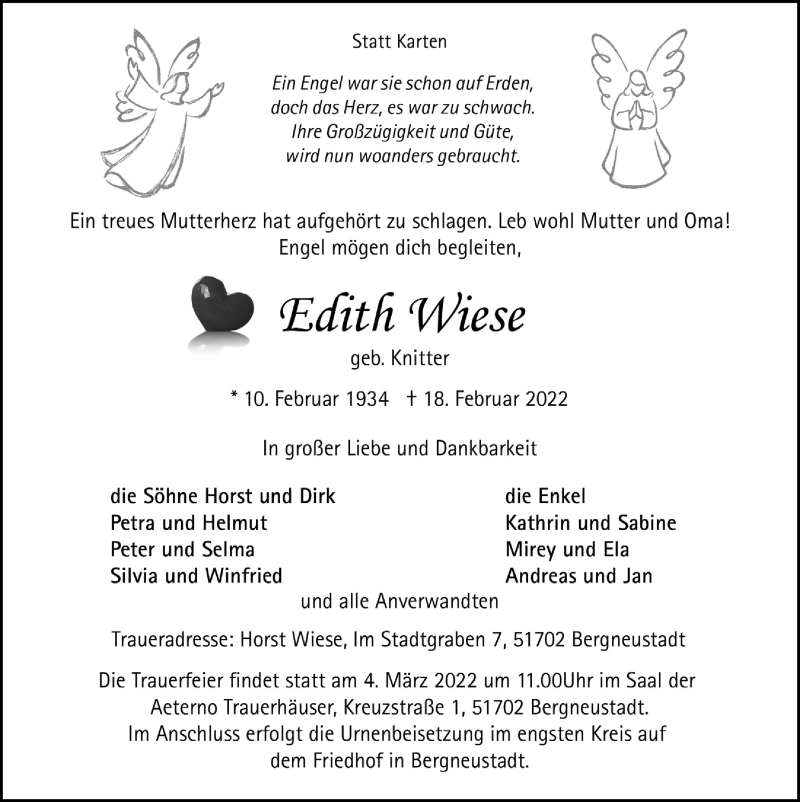  Traueranzeige für Edith Wiese vom 25.02.2022 aus  Anzeigen Echo 