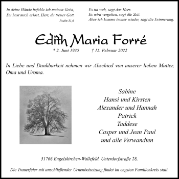 Anzeige von Edith Maria Forre von  Anzeigen Echo 