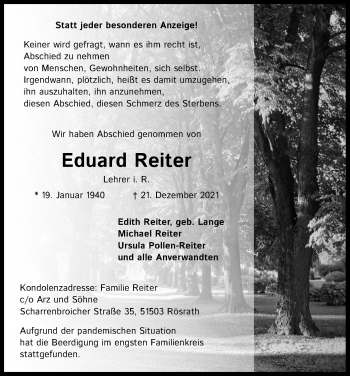 Anzeige von Eduard Reiter von Kölner Stadt-Anzeiger / Kölnische Rundschau / Express