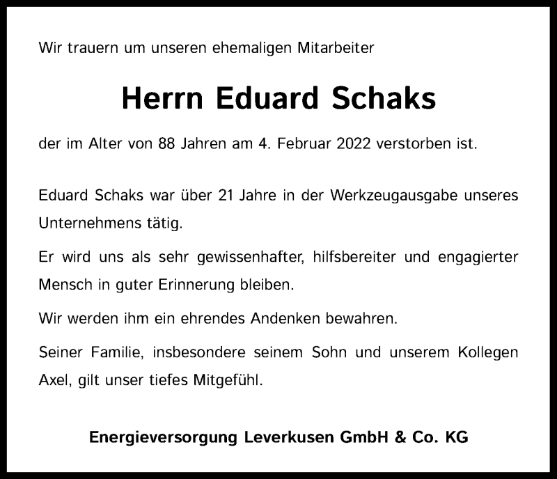  Traueranzeige für Eduard Schaks vom 12.02.2022 aus Kölner Stadt-Anzeiger / Kölnische Rundschau / Express