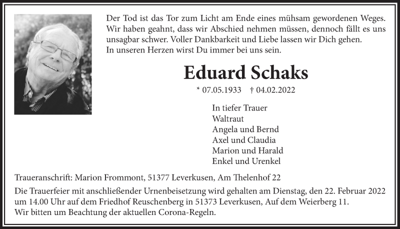  Traueranzeige für Eduard Schaks vom 11.02.2022 aus  Lokale Informationen 