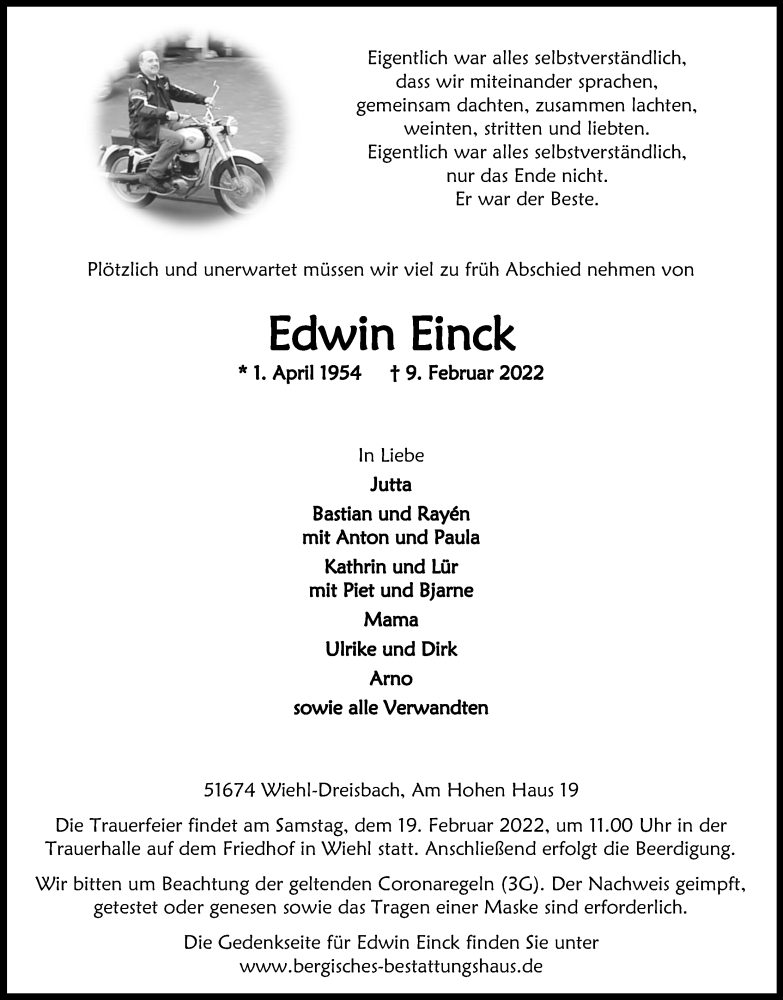  Traueranzeige für Edwin Einck vom 15.02.2022 aus Kölner Stadt-Anzeiger / Kölnische Rundschau / Express